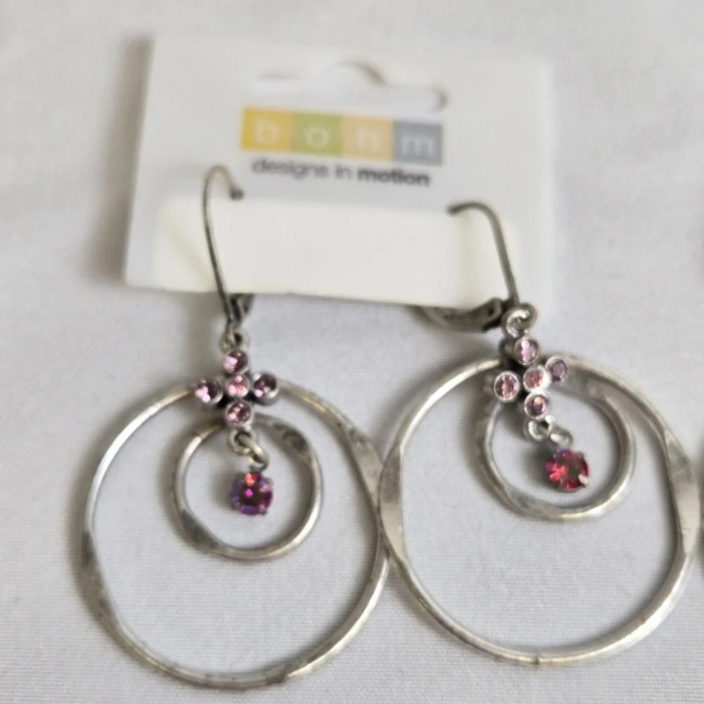 2 Pair Bohm Dangle/Drop Hoop Earrings, Silver‎ Tone, New